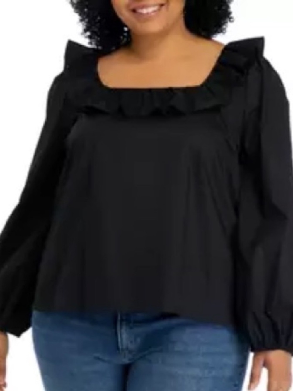 ENGLISH FACTORY plus sized 2X crisp cotton RUFFLE NECK top BLACK puff sleeve